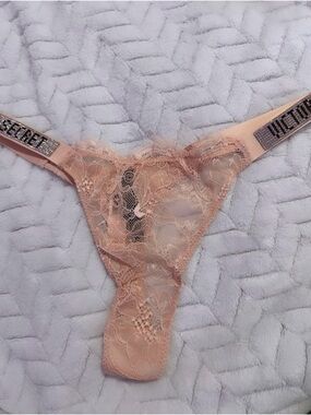 Victoria's Secret Lace Thong Panty in Nude Pink with Embellished Waistband